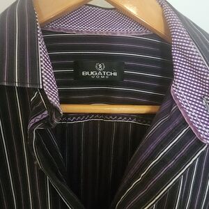 Bugatchi Uomo Black Shirt with Purple and White Stripes Size 17" Neck